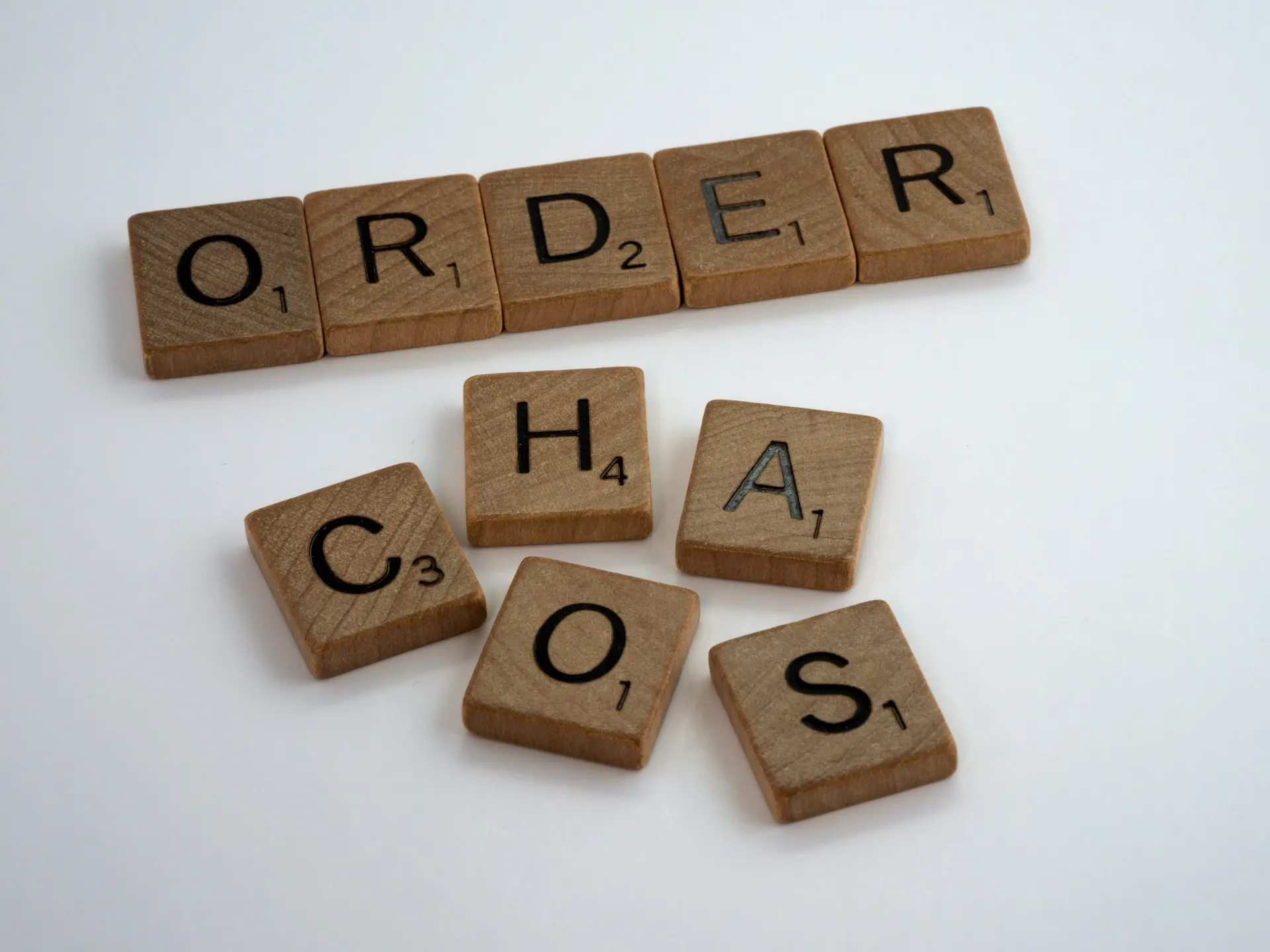 Ten scrabble letters spelling the words &#039;Order' in the top and 'Chaos' in the lowe part. The letters forming 'Order' are nicely arranged, while the letter spelling 'Chaos' are arranged in a chaotic way.